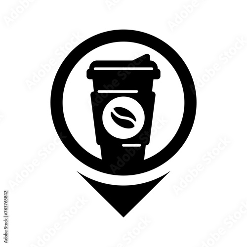 Coffee to go silhouette icon, roadside coffee shop location on the map, vector cut silhouette for social media.