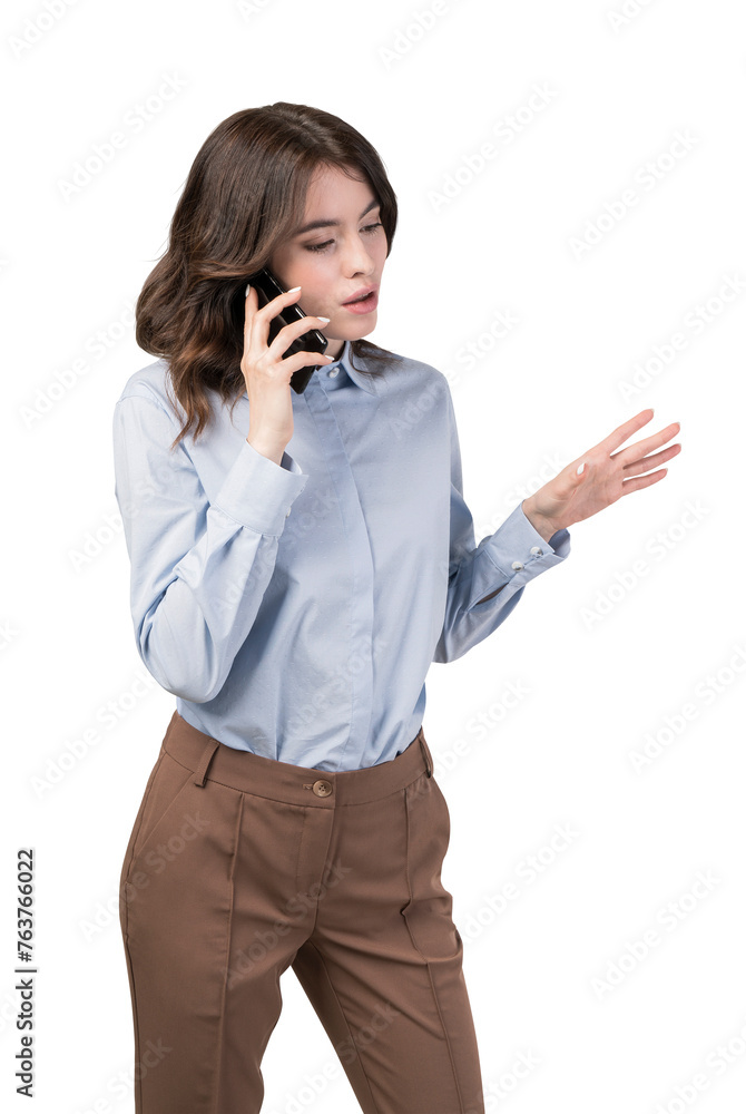 Businesswoman in formal wear talking on a phone against a white background. Realistic style photography concept
