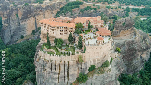 Meteora, Kalabaka, Greece. Monastery of Varlaam. Meteora - rocks, up to 600 meters high. There are 6 active Greek Orthodox monasteries listed on the UNESCO list, Aerial View