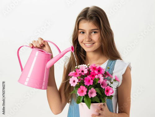 smiling beuatiful woman water flower on the pot , isolated on white  photo