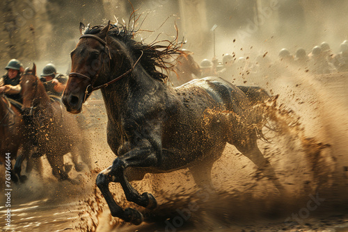horse running on the dusty field 