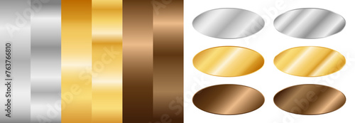 Silver gradient, gold gradient and bronze gradient. Set of vector metallic gradients and oval stickers.