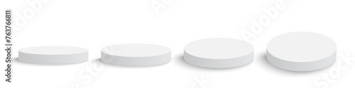 White matte round podium, winner platform or product display from different angles. White round stage, exhibition stand isolated on transparent background, 3d vector. 3D