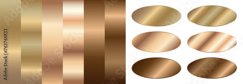 Gold gradient, rose gold gradient and bronze gradient. Vector set of metallic gradients and oval stickers.