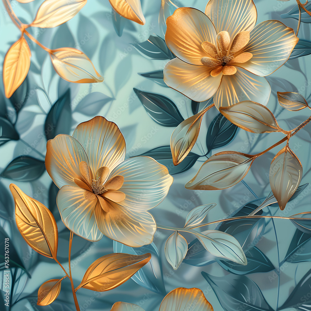 Fototapeta premium Gleaming aquamarine leaves adorned with golden flowers create a stunning contrast, evoking a sense of vibrancy, luxury, and elegance.