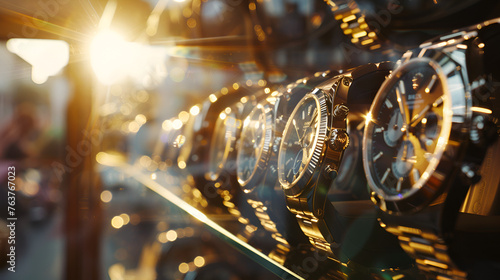 Sun ray on luxury watches displayed in shopwindow Luxury Watches Antique pocket watches, Generative ai photo