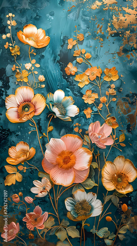 Ornate golden floral embellishments bloom across a textured teal canvas, merging classic elegance with a modern twist.