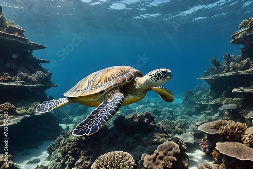 A large sea turtle swims among corals