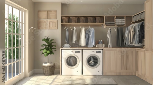 Laundry room and mud room waiting area coat rack hooks baskets shoes washing machine dryer cabinets cupboards interior home. Copy space image. Place for adding text or design 
