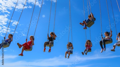 A joyful event of leisure and fun as a group of children travel through the sky on electric blue swings, happily sharing the experience in the clouds. AIG41