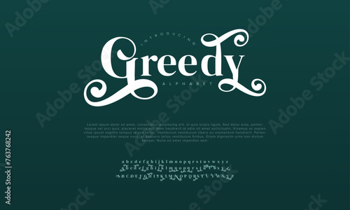 Greedy premium luxury elegant alphabet letters and numbers. Vintage wedding typography classic serif font decorative vintage retro. Creative vector illustration