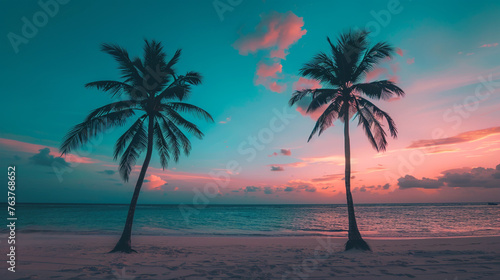 trees at sunset  A tranquil beach sunset with palm trees silhouetted against the colorful sky photography
