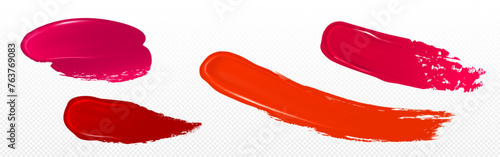Red and pink lipstick or nail polish swatch. Realistic vector illustration set of painted lip makeup product brush smudge. Glossy cream brushstroke stripe and blotch. Lipgloss or lacquer sample.