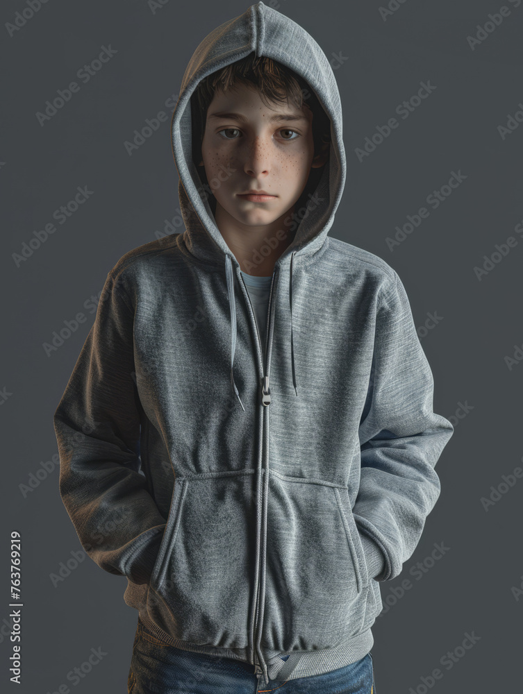 A solemn-faced young boy wears a zipped-up hoodie and stands against a dark backdrop A solemn-faced young boy wears a zipped-up hoodie and stands against a dark backdrop