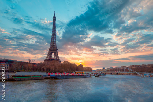 Paris Eiffel Tower and river Seine in Paris, France. Eiffel Tower is one of the most iconic landmarks of Paris