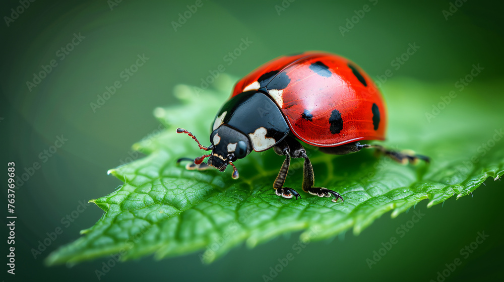 macro photo of a ladybug crawling on a leaf, capturing its vibrant red color and distinctive spots
