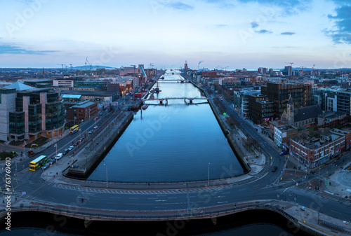 Dublin, Ireland. View of Liffey river and Dublin Port at dusk