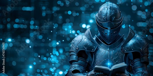 Futuristic Digital Knight Solving Tech Support Problems with Glowing Armor and Energy