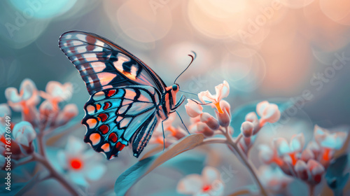 macro image of a colorful butterfly resting on a flower, showcasing its intricate patterns and delicate wings