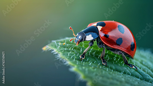 macro photo of a ladybug crawling on a leaf, capturing its vibrant red color and distinctive spots photo