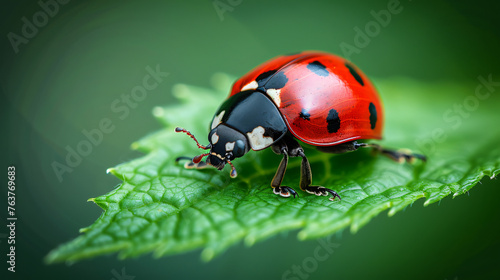 macro photo of a ladybug crawling on a leaf, capturing its vibrant red color and distinctive spots