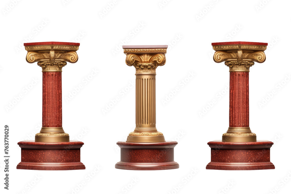 Set of Three Red and Gold Pedestals. On a White or Clear Surface PNG Transparent Background.
