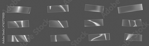 Transparent adhesive plastic cut tape patch mockup. Realistic vector illustration set of clear sticky strip with wrinkles. Sticky crumpled sellotape film piece. Piece of glued scotch band.