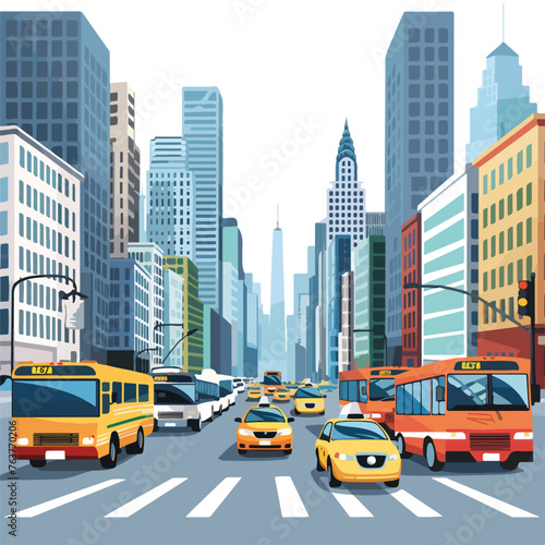 A bustling city street with taxis and buses. clipart © Hassan