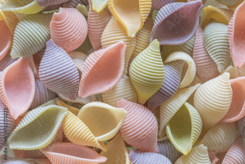 Multicolored italian shell shaped raw pasta decorative food background for menu cover design or gastronomic illustration