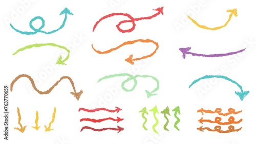 Set of colorful hand drawn style with crayon brush pointer animation. Variety of doodle animated arrow. Popping charcoal arrows footage video. Freehand different sketch curved lines, swirls arrows 4K 