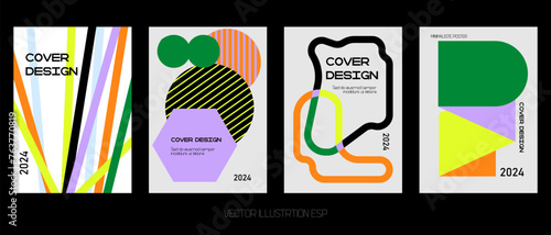 Colorful vector minimalistic Posters with bizarre abstract geometric unusual shapes and forms. Modern wall art with aesthetic naive figures.