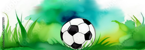 watercolor banner with a soccer ball on the grass
