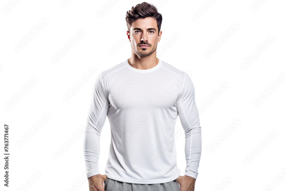 Fototapeta premium Man Wearing White Shirt and Gray Shorts. On a White or Clear Surface PNG Transparent Background.