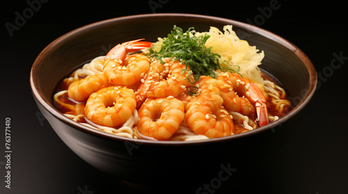 A bowl of Japanese udon noodles with tempura shrimp.