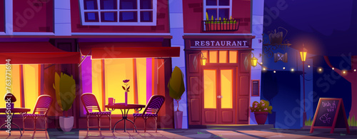 Cartoon restaurant outside eating area at night. Dark cityscape of cafe exterior with tables and chairs, decorative plants in pots near large lightening windows and red door. Terrace on sidewalk