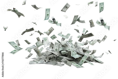 Money Flying Through the Air. On a White or Clear Surface PNG Transparent Background.