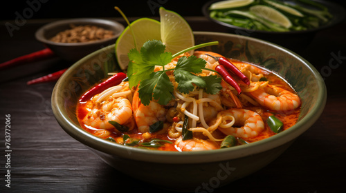 A bowl of spicy Thai tom yum soup with shrimp and lemo