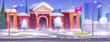 High school building covered with snow at winter. Cartoon snowy city landscape with schoolhouse exterior with red walls, flag and streetlight lamps on yard, path to entrance and road with crosswalk.