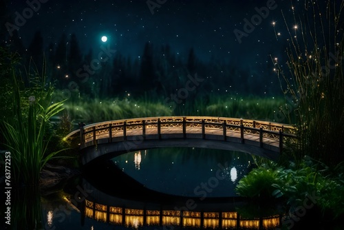 A wonderful little bridge across a moonlit pond, surrounded by fireflies, creating a tranquil and enchanting evening landscape. 