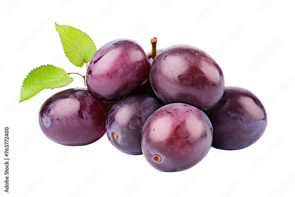 Fototapeta premium Plums and Leaves on White Background. On a White or Clear Surface PNG Transparent Background.