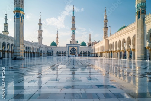Masjid Nabawi - Prophet Mosque in Madinah al-Munawwarah and copy space - generative ai