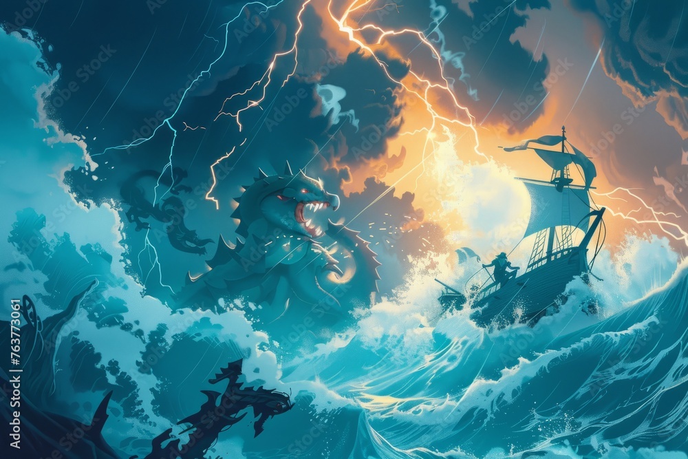 A dynamic wallpaper illustration showcasing a group of fearless sailor men navigating treacherous waters and battling ferocious sea monsters, with their trusty ship, Generative AI - obrazy, fototapety, plakaty 