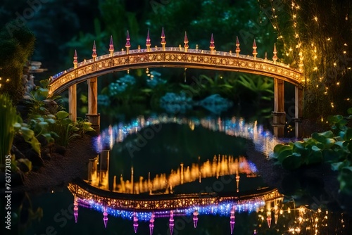 A charming little bridge over a mirrored pond embellished with fairy lights creates a lovely environment in a secret garden. © MB Khan