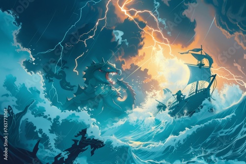 A dynamic wallpaper illustration showcasing a group of fearless sailor men navigating treacherous waters and battling ferocious sea monsters, with their trusty ship, Generative AI photo
