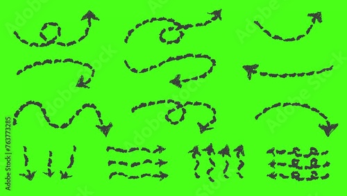 Set of hand drawn style with pencil drawing dotted line arrow animation green screen. Variety of doodle animated pointer. Popping charcoal arrows footage video. Freehand different sketch curved lines,