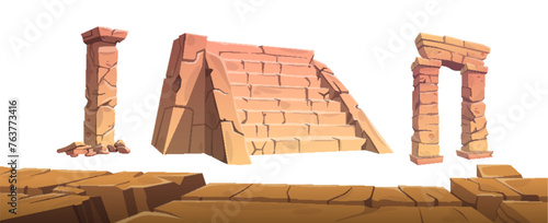 Stone ruins of broken ancient stone buildings. Arch rock entrance, part of brick column and stairs. Cartoon vector illustration set pieces of abandoned architecture and old temple construction.