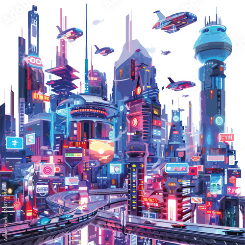 A futuristic cityscape with flying cars and neon light photo