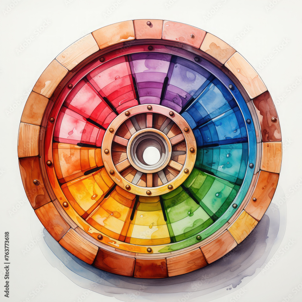 Watercolor Colorful Wooden Wheels Illustration, Generative Ai