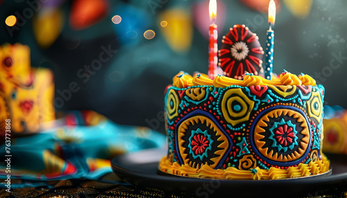 A multi-layered cake with a colorful african design on it