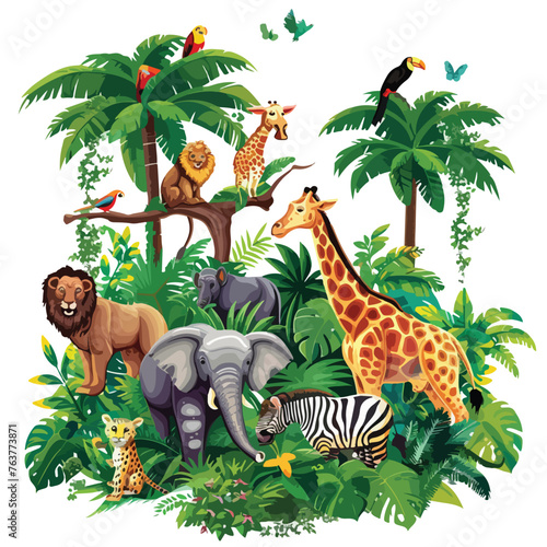 A lush jungle with exotic animals. clipart 